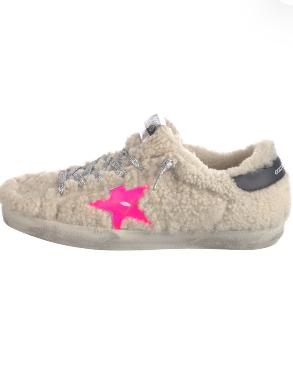 Golden Goose Cream Shearling Super-Star Sneaker with Hot Pink Star